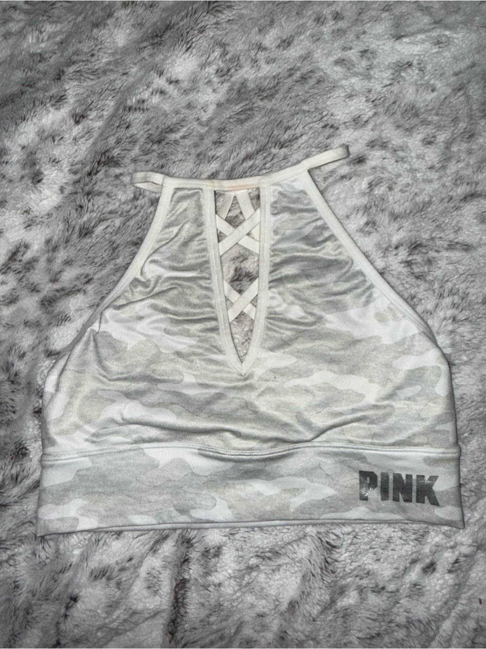 PINK Victoria's Secret Light Gray Camo Crisscross Halter Sports Bra